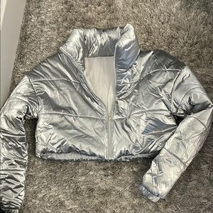 SHEIN Metallic Silver Cropped Puffer Jacket